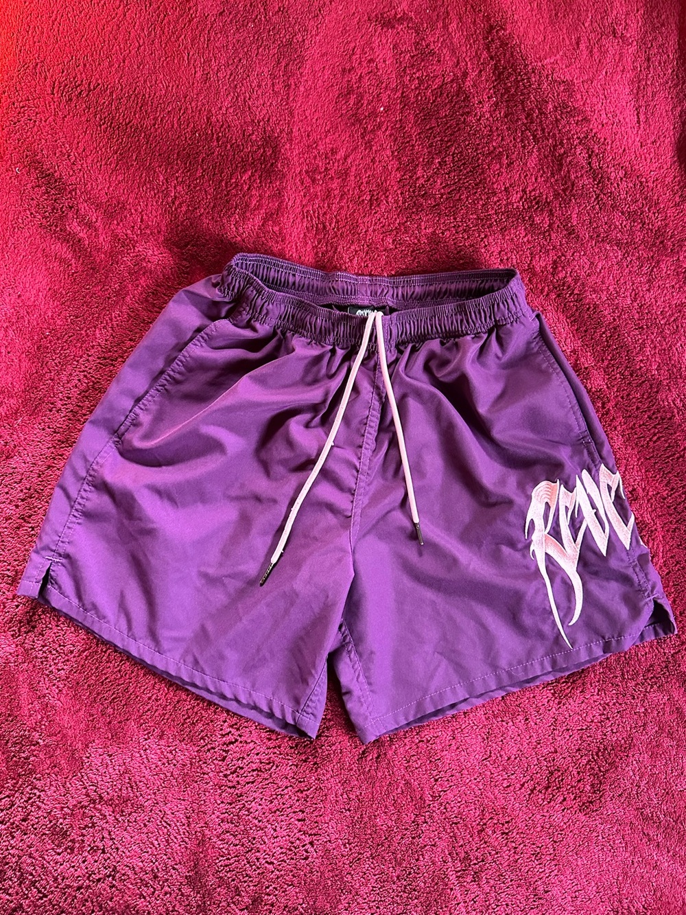 Revenge Clothing Purple Drawstring Athletic Shorts with Pink Embroidery